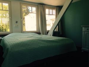 Gite La Cigogne في كوفين: غرفة نوم بسرير اخضر ونوافذ