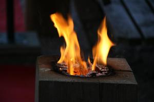 a fire is coming out of a grill at Gasthaus Marienhof in Kirchdorf am Inn