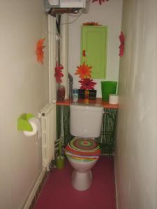 ルションにあるLes choucasのバスルーム(トイレ付)、緑のキャビネットが備わります。