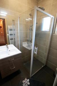 a bathroom with a glass shower and a sink at Les Chalets Du Grand Galibier in Valloire