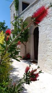 a stone building with red flowers in front of it at La Pergola in Locorotondo