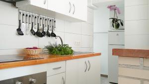 サロウにあるApartamento Lemanの白いキャビネットと調理器具が壁に備わるキッチン