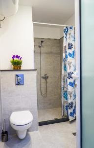 a bathroom with a toilet and a shower at Studios Grace - Port Tsarevo in Tsarevo