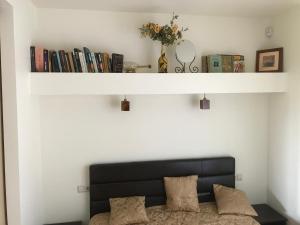 a shelf above a bed with books on a wall at Pervalka 13-5 in Pervalka