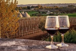 dos vasos de vino tinto sentados en una mesa en La Casèdde, en Cisternino