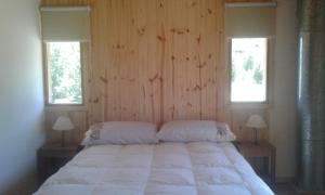 a bedroom with a large bed with two windows at Cabañas Wenuray in Lago Meliquina