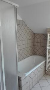 フロジノーネにあるB&B Il Rioのタイル張りのバスルーム(バスタブ、シャワー付)