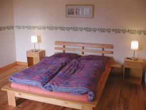 Ce lit se trouve dans une chambre dotée de 2 tables de chevet et de 2 lampes. dans l'établissement Gîte Périssé, à Libaros