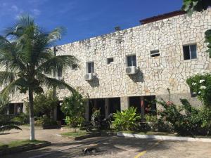 a cat is walking in front of a stone building at Beach Hotel Jacuma in Jacumã