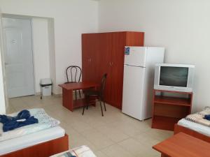 ブダペストにあるM+D Hotelの冷蔵庫、テーブル、テレビが備わる客室です。