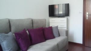 un sofá con almohadas moradas en la sala de estar. en Alojamento Requinte, en Oporto