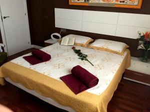 a bed with two red pillows on top of it at Lo Raconet in Deltebre