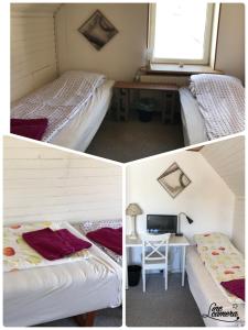 オールボーにあるRundvejen ゲストハウスのベッド2台とデスク付きの部屋の写真3枚