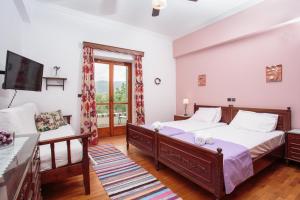 a bedroom with two beds and a tv and a couch at Villa Melpomeni in Márpissa