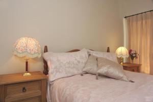 a bedroom with a bed with two lamps on tables at Fferm Y Felin in Carmarthen
