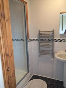 un bagno con doccia e lavandino di The Old School B&B a Shawbury