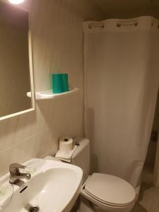 a bathroom with a white toilet and a sink at Hostal Restaurante Playa in Colònia de Sant Jordi