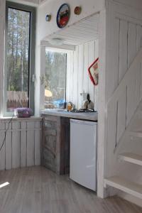 ヴィボルグにあるАпарт-коттедж retro-mini с сауной и мангалом Выборгのキッチン(白い冷蔵庫付)、窓