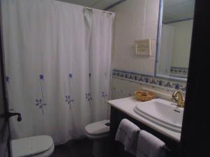 a bathroom with a sink and a toilet and a shower curtain at Apartamentos Rurales La Muralla II in Cañete +25 photos