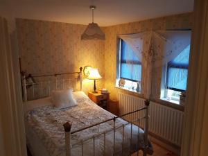 ein Schlafzimmer mit einem Bett, einer Lampe und zwei Fenstern in der Unterkunft Ros Cottage in Carlingford
