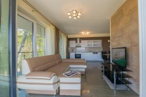 a living room with a couch and a tv at Apartamenty Amon z widokiem na morze in Darlowko