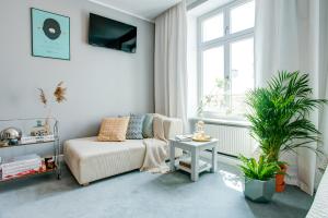 sala de estar con sofá y mesa en Apartamenty Chełmno, en Chełmno