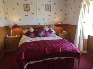 スランバイルベハンにあるRhiwiau Guesthouseのベッドルーム(紫色の掛け布団付きのベッド1台付)