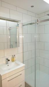 a bathroom with a sink and a glass shower at An Taigh Mòr in Eriskay