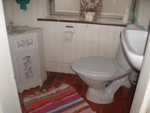 een badkamer met een toilet, een wastafel en een tapijt bij Country house in Karby