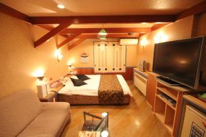 een slaapkamer met een bed en een flatscreen-tv bij Hotel Dressy (Adult Only) in Himeji