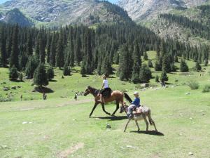 two people riding horses on a hill in a field at Guest house Vera in Kaji-Say