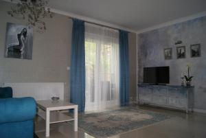 a living room with a blue couch and a television at Apartament pod zamkiem in Olsztyn