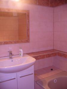 a bathroom with a sink and a mirror and a tub at Piteľová-Babica in Pitelová