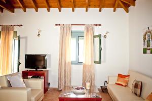 a living room with a couch and a tv at Aselinos Suites in Koukounaries