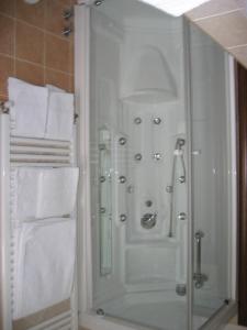 a shower with a glass door in a bathroom at Hotel Chiar Di Luna in Laino Borgo