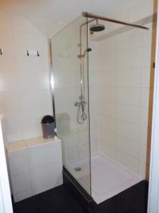 een douche met een glazen deur in de badkamer bij Les Enganes in Fréjus