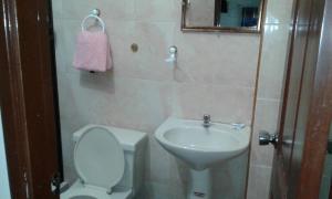 a small bathroom with a toilet and a sink at Hotel Boston in Guayaquil