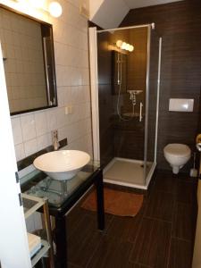 a bathroom with a sink and a shower and a toilet at Ferienhaus Blümel inkl. freier Strandbadeintritt in Velden am Wörthersee