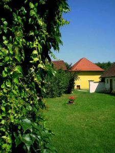 un patio con una casa amarilla y una maceta de flores en Skorianzhof, en Eberndorf