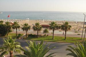 a view of a beach with palm trees and the ocean at Kleopatra Celine Hotel in Alanya