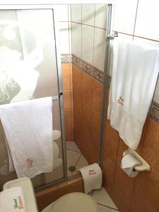 a bathroom with a shower and a toilet and towels at Hotel Betania in Zamora +18 photos