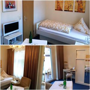 ein Hotelzimmer mit einem Bett und einem Wohnzimmer in der Unterkunft Kurvilla Fürstin Pauline in Bad Salzuflen