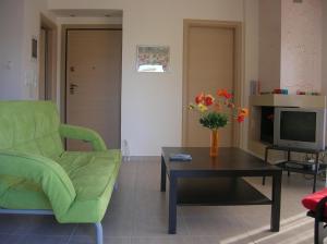 a living room with a green couch and a coffee table at Apartments Eleni 4 Seasons in Hanioti