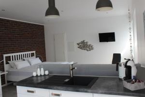 a kitchen with a sink and a couch in a room at Das kleine Stadtapartment in Burg auf Fehmarn