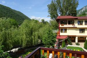 a view of a house with a river and trees at Pension Cuibul Viselor in Băile Herculane