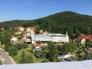 een klein stadje met een berg op de achtergrond bij Urlaub beim Fürst in Wernigerode