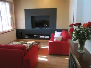 a living room with two red chairs and a fireplace at Jasmine Residence in Nicosia