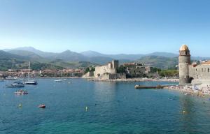 a group of people on a beach in front of a castle at 41 Les Imperiales in Collioure