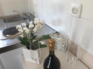 a bottle of wine and two glasses on a counter at Linden Garden Apartment in Postojna +50 photos