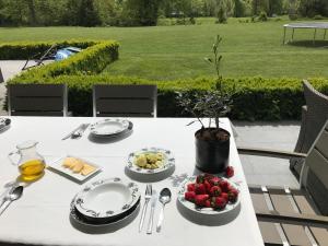a table with plates of food and fruit on it at Linden Garden Apartment in Postojna